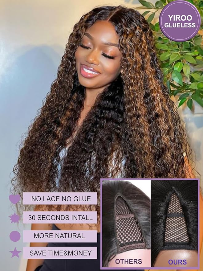 YIROO EasiContour V Part Wigs Ombre Brown Glueless Human Hair Upgrade U Part Wig with Dark Roots Highlight V Shape Clip Wigs Beginner Friendly with Drawstring Ready to Wear Chestnut Brown Color 24Inch