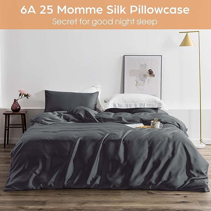 Silk Pillowcase for Hair and Skin, 2 Pack 100% Mulberry Silk Pillowcase 25 Momme, 600 Thread Count, Both Side Pure Silk Pillow Cover with Hidden Zipper (BlackGray, Queen 20''×30'')