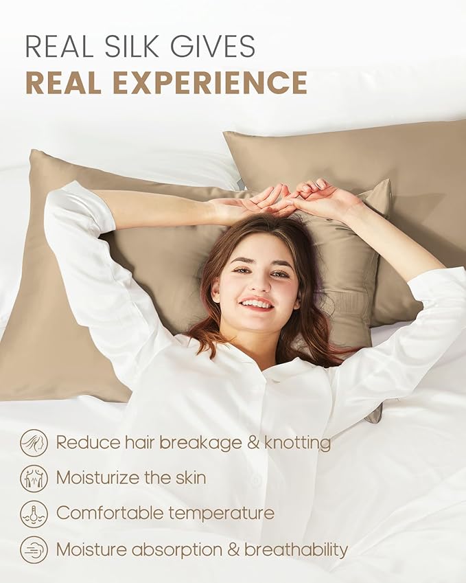THXSILK Set of 2 Silk Pillowcase for Hair and Skin, 100% Mulberry Silk Bed Pillowcase Ultra-Soft, Hypoallergenic Soft Breathable Silk Pillow Case with Hidden Zipper, King Size 20"x36", Taupe