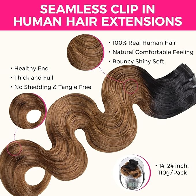Lashey Seamless Clip in Hair Extensions Human Hair 18 Inch 110g 7pcs Body Wave Ombre Natural Black to Medium Auburn PU Clip in Hair Extensions for Women