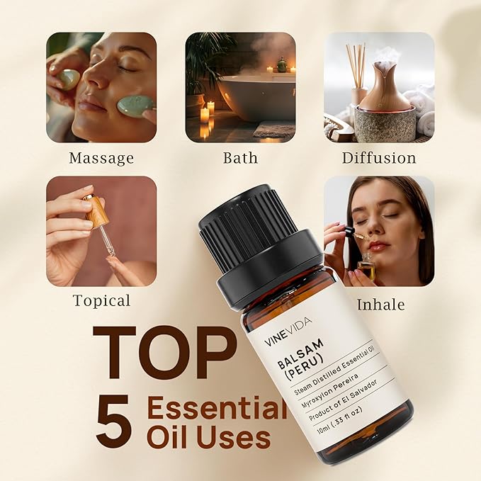 VINEVIDA Balsam Peru Essential Oil 10 mL - Undiluted Candle Oil Scent for DIY Candlemaking and Soap Making - Safe for Skin