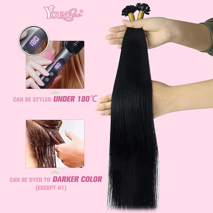 YoungSee K Tip Hair Extensions Black K Tips Human Hair Extensions for Wedding Jet Black 22In 50s/50g