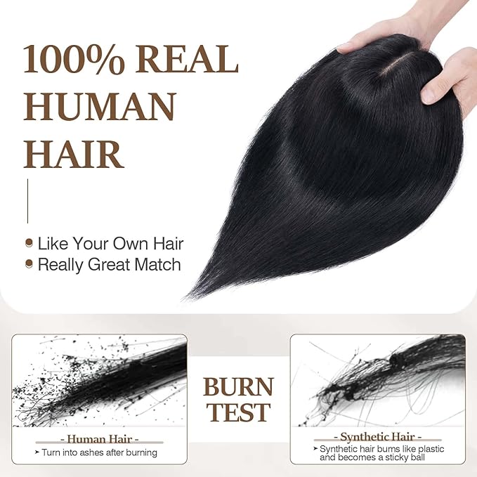 Rich Choices Hair Toppers for Women Real Human Hair 100% Human Remy Toppers NO Bangs for Women with Thinning on Top Clip in Hairpiece 4"x4.7"Lace Base 16 Inch #1 Jet Black