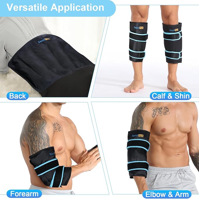 SuzziPad 360° Cold Pack for Calf, Shin, Arm & Elbow – Ice Wrap with Dual-Cover Design, Adjustable Velcro Straps, Leakproof & Reusable Cold Compress for Post-Workout Recovery (2 Packs), Black