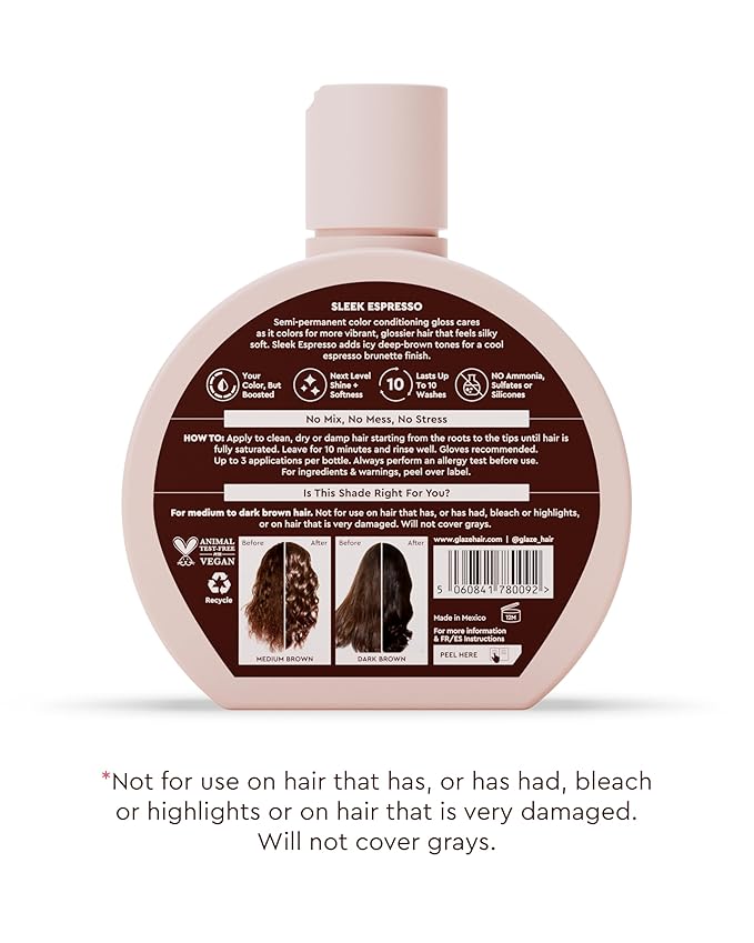 Glaze Supergloss Color Conditioning Gloss With Dispensing Pump – Hydrating Semi-Permanent Color Hair Gloss & Shine Boost – For Natural Medium to Dark Brown Hair – 6.4 Fl Oz - Sleek Espresso