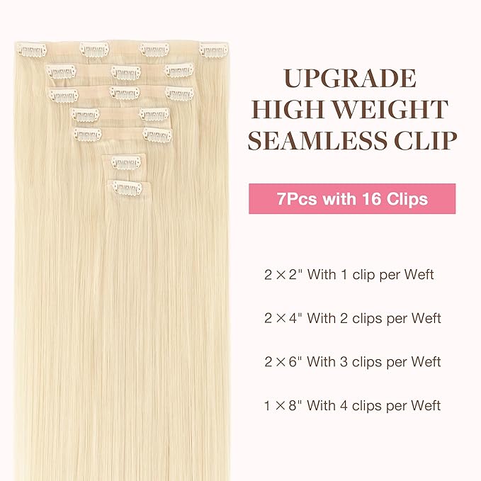 GOO GOO Clip in Hair Extensions Real Human Hair, Remy Human Hair Extensions Clip ins for Women, Natural Human Hair, 20inch 110g 7Pcs, 613R Bleach Blonde