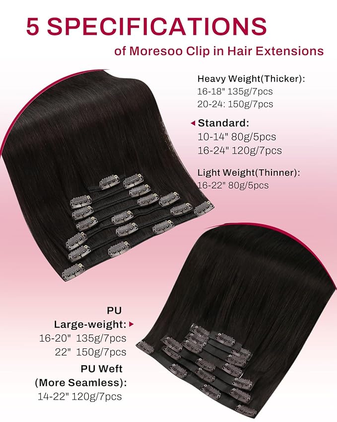 Moresoo Brown Clip in Hair Extensions Seamless Dark Brown Human Hair Clip in Extensions Seamless PU Skin for Women to Add Thickness Heat-stylable for Daily Use 135g/7pcs 20 inch
