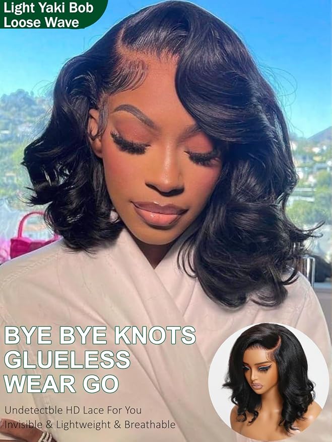 KLAIYI Light Yaki Straight Bob Loose Wave Pre Everything 13x4 Lace Front Wigs Human Hair Precut Lace Pre Plucked Bleached Glueless Wear and Go Wigs for Women Bye Bye Knots Wig Beginner Friendly 10Inch
