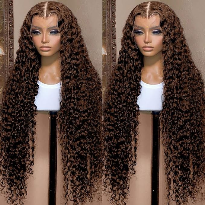 20 Inch Chocolate Brown Deep Wave Lace Front Wigs Human Hair Pre Plucked 200% Density 13x6 HD Lace Frontal Wigs with Baby Hair Deep Curly Wet and Wavy Glueless Wigs for Women (4# Brown, 20 Inch)