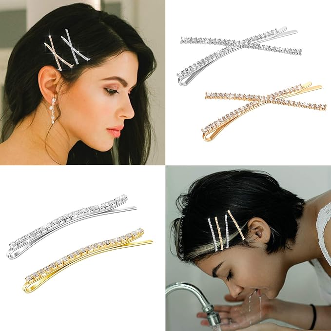 12 Pieces Rhinestone Bobby Pins Decorative Fancy Crystal Hair Clips Shiny Metal X Shaped Barrettes Bling Diamond Wedding Bridal Shower Hair Accessories for Women Ladies Girls (Gold, Silver)