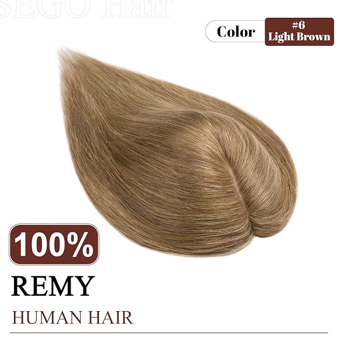 SEGO Real Human Hair Topper for Women, No Bangs Hair Topper with Anti-Slip Clips (16 Inches Light Brown)