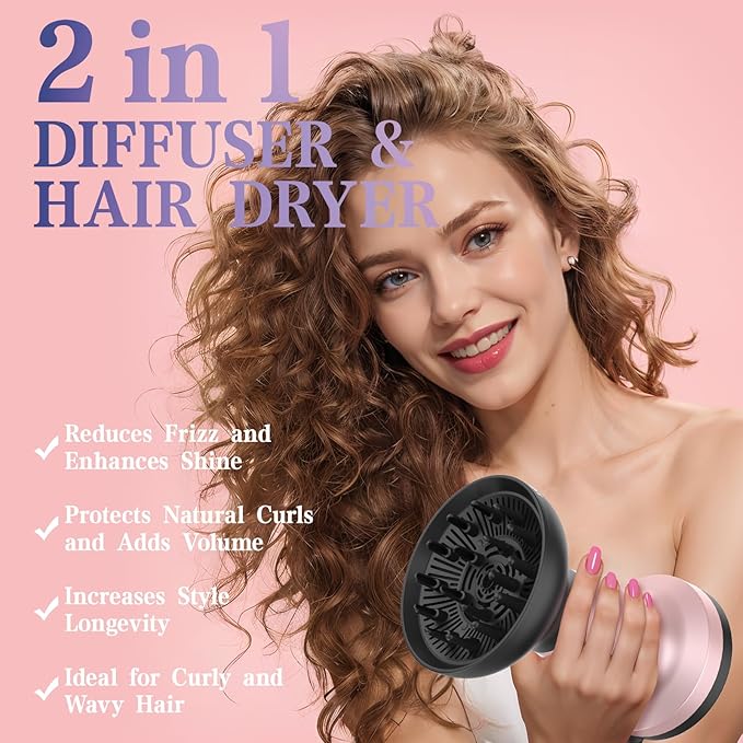 Professional Diffuser Hair Dryer, Ionic 2 in 1 Designed Specifically for Curly Hair Diffuser with Comb Attachment, Enhanced Wind Power, Faster Styling for Women, Ideal Gifts for Women
