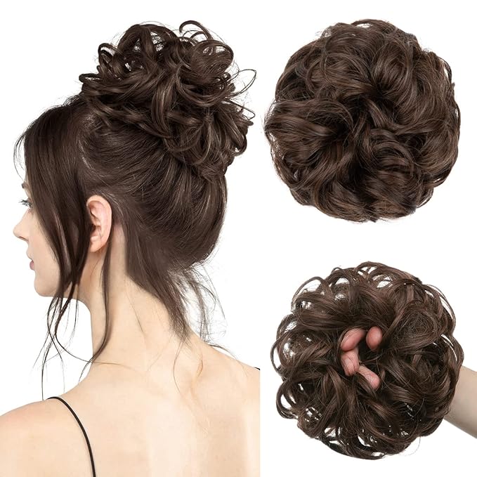 CJL HAIR Large Messy Bun Hair Piece Wavy Curly Scrunchies Synthetic Chignon Ponytail Hair Extensions Thick Updo Hairpieces for Women Ginger Brown