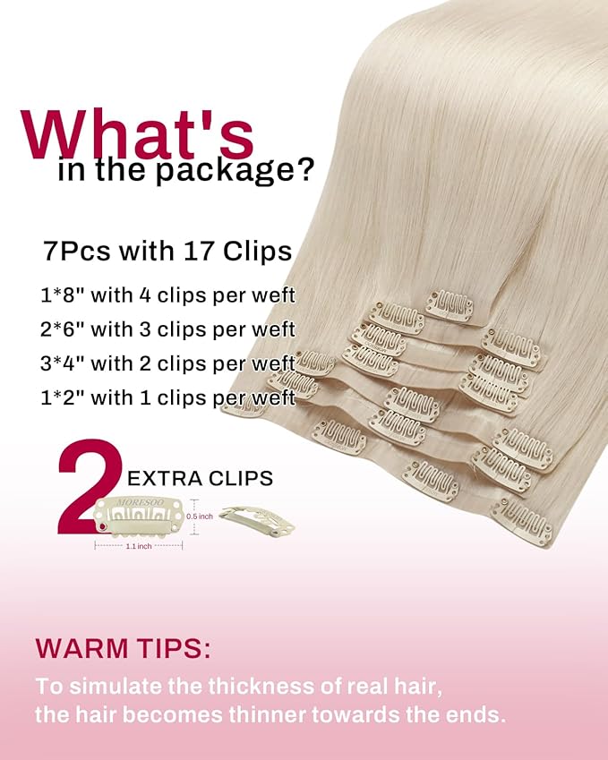 Moresoo Seamless Clip in Hair Extensions Human Hair Remy Straight PU Weft Human Hair Clip in Extensions Full Head White Blonde #60 7pcs/120g 20inch