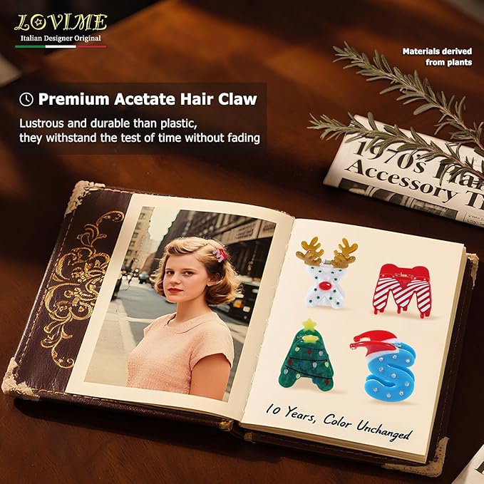 XMAS Original Italian Designed Small Hair Clips for Women, Strong Grip Acetate Hair Claw for Girls, Cute Christmas Tree, Reindeer Hair Accessories With Gift Box