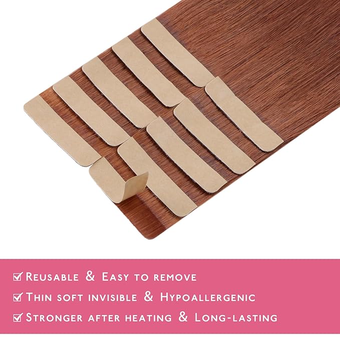 WENNALIFE Tape in Hair Extensions Human Hair Dark Auburn Copper Tape in Extensions, 10pcs 20g 10 inch Remy Invisible Tape Ins Straight Colored Soft Real Human Hair Tape in Extensions Refill Set Extens