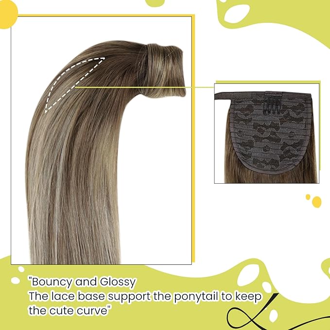 RUNATURE Human Hair Ponytail Balayage, Ponytail Extension Real Human Hair, Clip in Ponytail Hair Extensions Straight, Remy Natural Hair, Daily Wearing 16 Inch 80g #3/8/22 Walnut Brown to Light Blonde