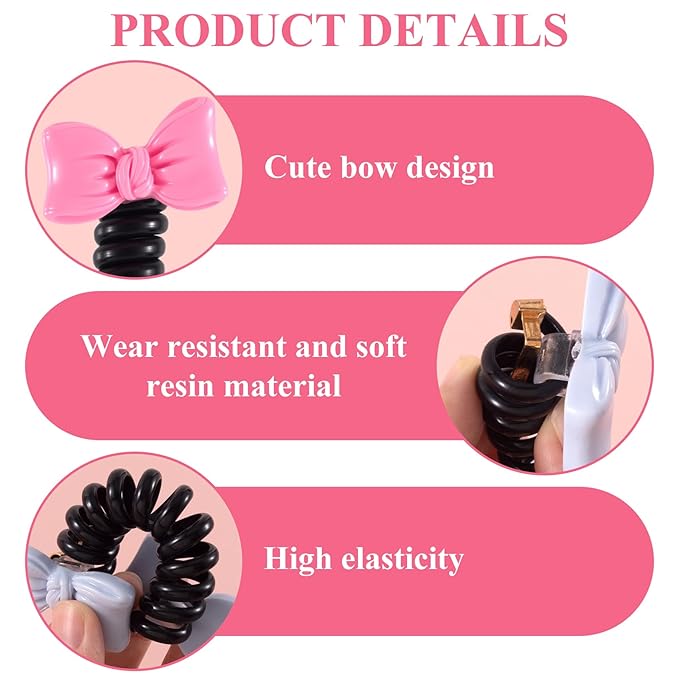 4PCS Bow Spiral Hair Ties, 4 Colors Bowknot Phone Cord Ponytail Holders for Women, Elegant Rubber Hair Coils, Stylish Hair Accessories for Party, Daily Use