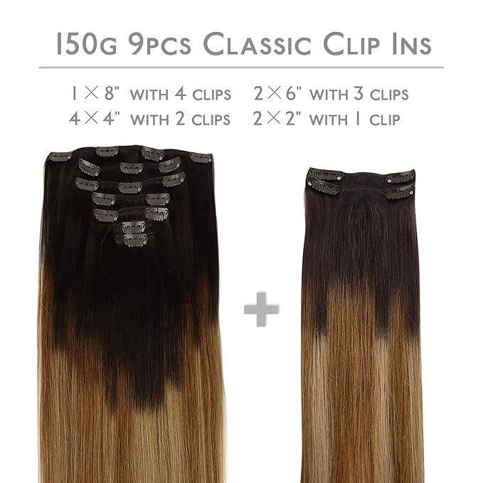 WENNALIFE Clip in Hair Extensions, 150g 16 Inch 9pcs Highlight Dark Brown to Chestnut Brown and Dirty Blonde Human Hair Extensions Thicker Clip in Hair Extensions Real Human Hair Clip Set Double Weft