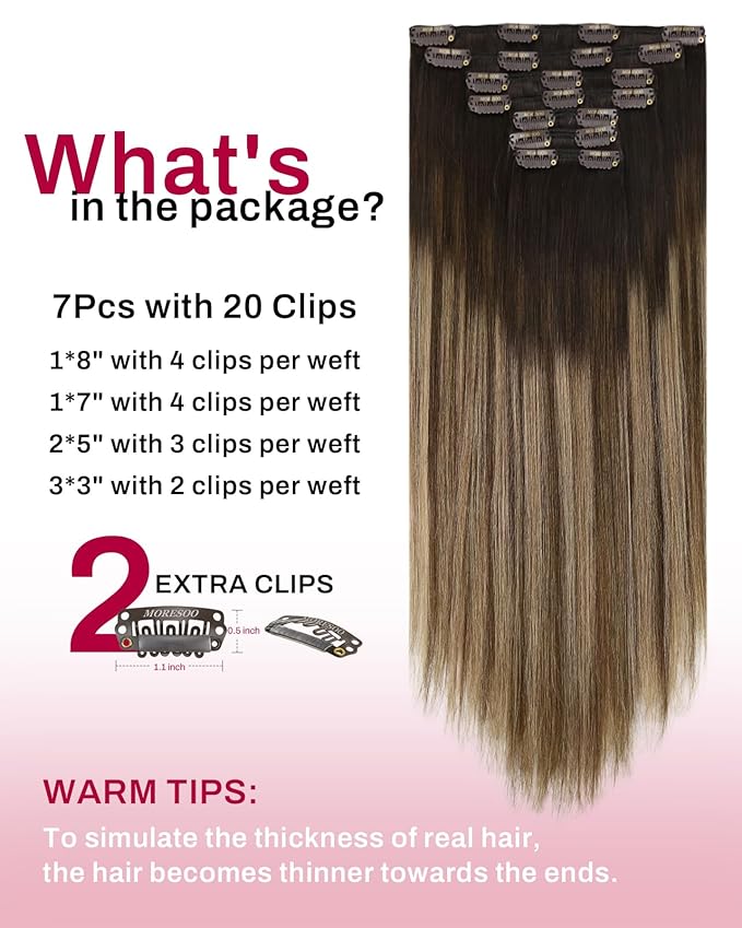 Moresoo Clip in Hair Extensions Balayage Dark Brown to Dark Ash Blonde with Dark Blonde Ombre Double Weft Real Human Hair Extensions Clip ins 7pcs/135g 18inch