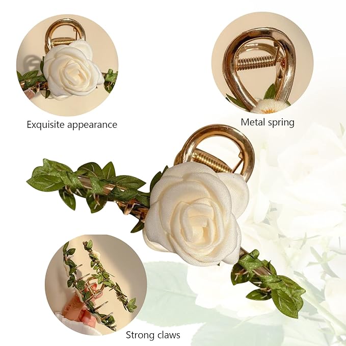 Large Metal Camellia Hair Claws for Women - 2Pcs Sweet Retro Non-Slip Butterfly Leaf and Flower Jaw Clips, Cute Big Hair Accessories