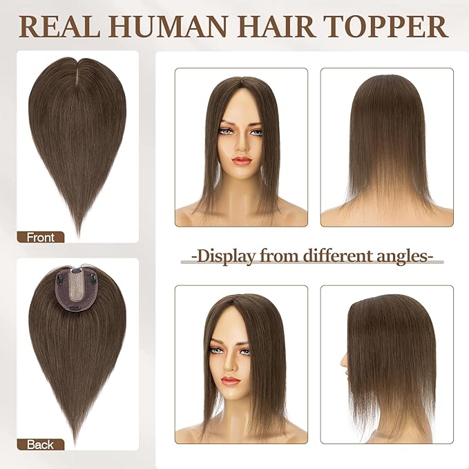 Rich Choices Hair Toppers for Women Real Human Hair 100% Human Remy Toppers NO Bangs for Women with Thinning on Top Clip in Hairpiece 4"x4.7"Lace Base 8 Inch #2R Chocolate Brown