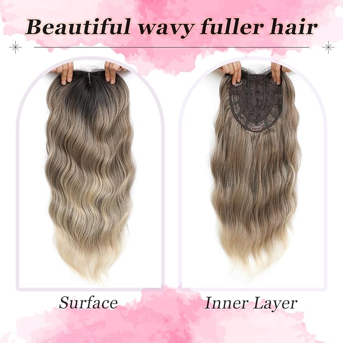 Hair Topper, 360° 3D Hair Toppers for Women with Thinning Crown, 20 Inch Long Wavy Curly Hair Pieces Clip in Bangs (Ombre Highlights Brown with Dark Root, 20 inch, Side Bangs)