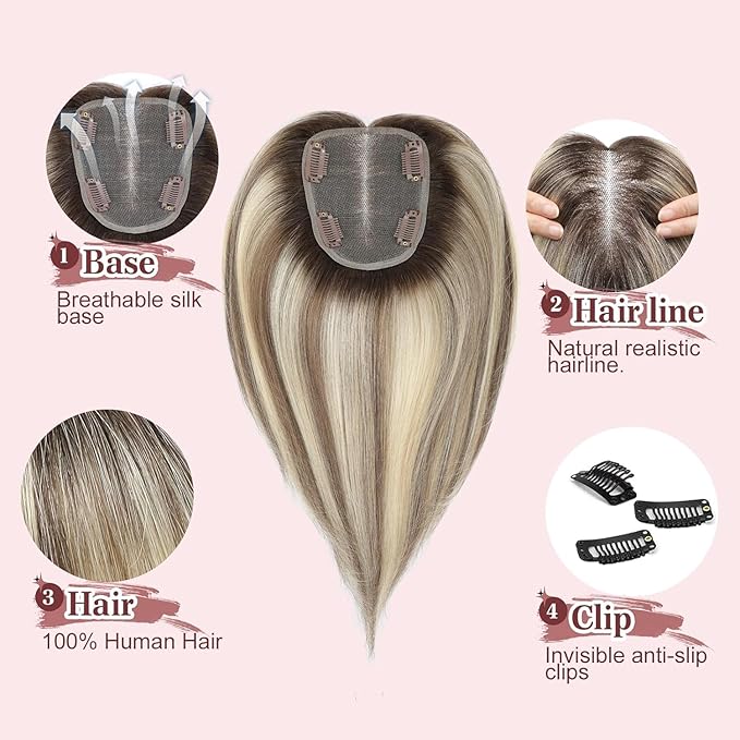YAMI Hair Toppers for Women 100% Real Human Hair Toppers for Women 12Inch Large Upgrade Swiss Base Cover Hairloss and Add Volume (Ombre Brown with Blond Highlight)