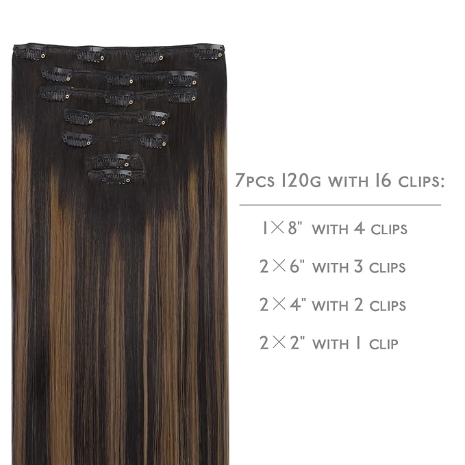 WENNALIFE Clip in Hair Extensions Real Human Hair, 22 Inch 120g 7pcs Remy Hair, 24 Inch 120g 7pcs Natural Black to Chestnut Brown Balayage Straight Natural Extensiones De Cabello Humano Con Clip Ins