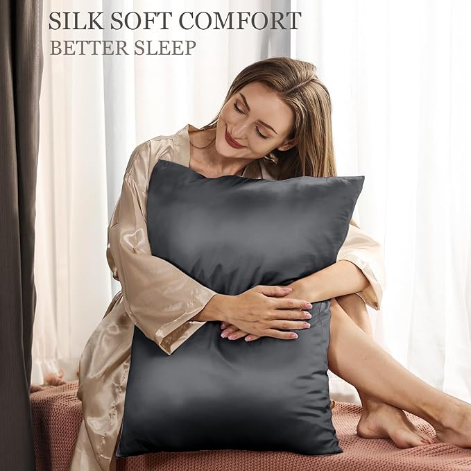 Adubor Mulberry Silk Pillowcase 2 Pack Pillow Cases for Hair and Skin with Hidden Zipper, Both Side 23 Momme Silk, 900 Thread Count, (20x26 inches, Standard Size, Space Grey)