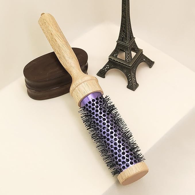 SUNBIRD Small Round Brush for Blow Drying - Wood Handle Professional Blowout Brush with Aluminium Ceramic Ionic Thermal Barrel for Smooth Hair, Volume & Heat Curly Styling (Outer Diameter1.7Inch)