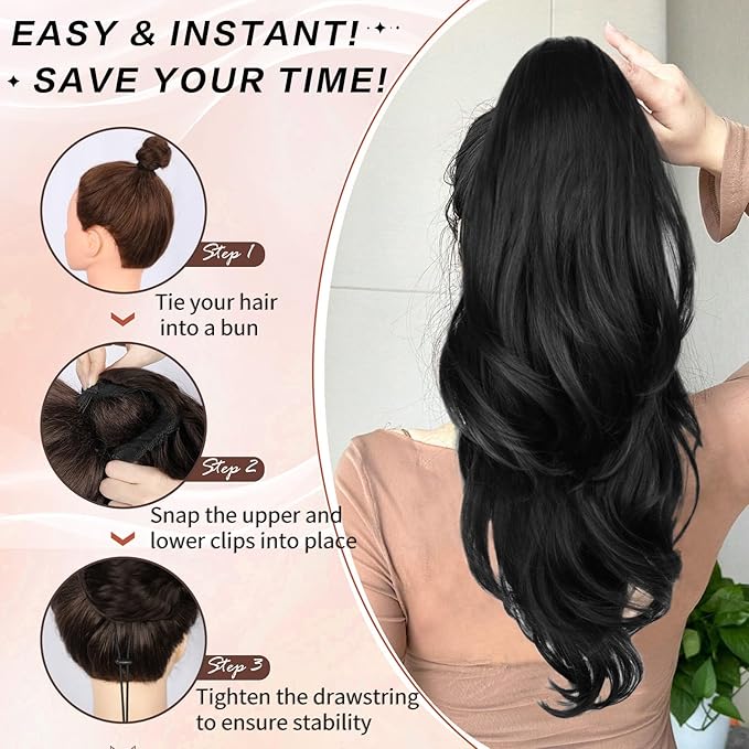 Ponytail Extension, Drawstring Ponytail Extension for Women Long Black Wavy Pony Tails Hair Extensions Synthetic Clip in Ponytail Hairpiece for Women (23 Inch)