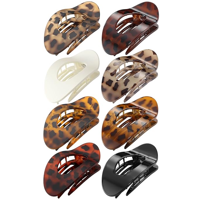 Upgraded 8 Pack French Flat Hair Clips for Women Girls, Matte Lay Flat Claw Clips, Large No-Slip Claw clips for Thick &Thin Hair, Strong Hold Styling Barrettes Accessories for Daily Styling (Leopard)