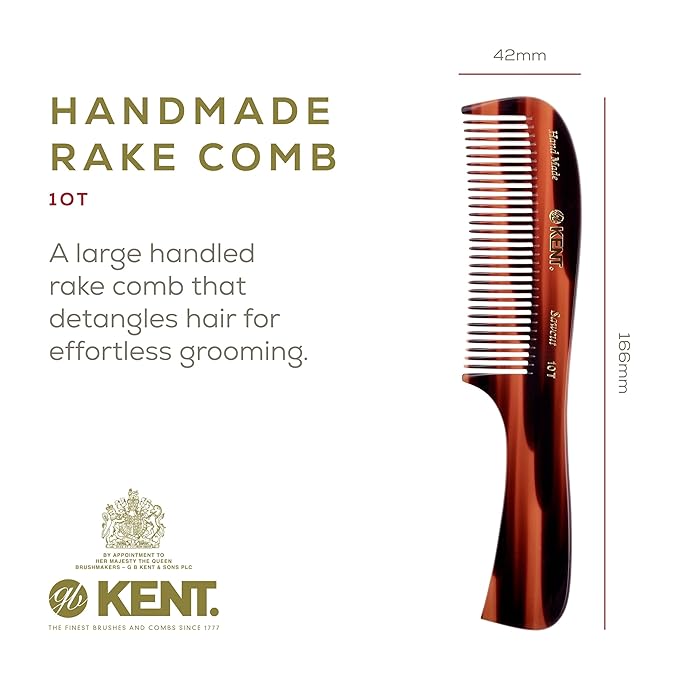 Kent 10T Large Detangler Comb, Handmade Wide Tooth Comb for Curly Hair, Detangling Combs For Wet and Dry Hair, Combs for Thick Hair, Saw-Cut and Hand Polished Made in England