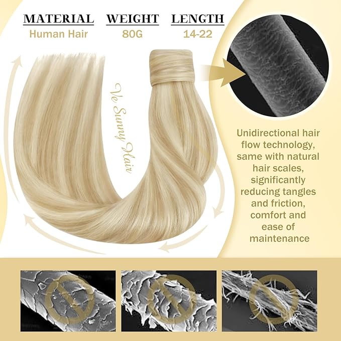 Ve Sunny Hair Extensions Ponytail Real Human Hair Wrap Around Clip in Ponytail Hair Extensions Straight Extensions Human Hair for Women Strawberry Honey Blonde Highlights Bleach Blonde 18inch 80G