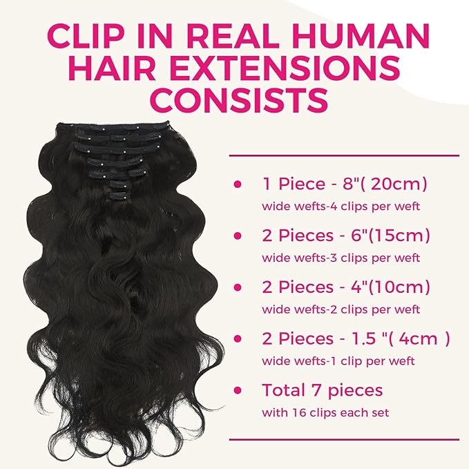 Lashey Clip in Hair Extensions Human Hair, Body Wave Remy Human Hair 24 Inch 120g 7pcs Natural Black #1B, Long Thick Clip in Hair Extensions for Black Women