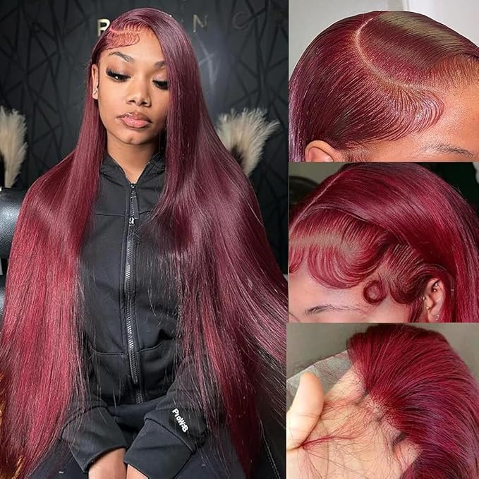 99J Burgundy Lace Front Wigs Human Hair 200 Density Straight 13x6 HD Transparent Lace Frontal Wigs Human Hair Pre Plucked Glueless Red Color Human Hair Lace Front Wigs for Women 30 Inch