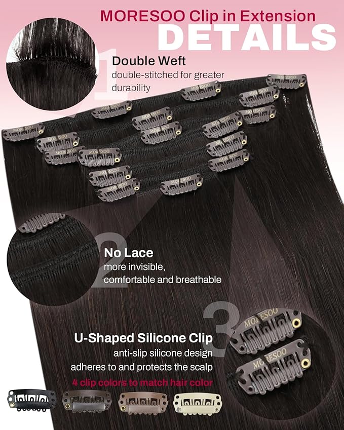Moresoo Clip in Hair Extensions Real Human Hair Dark Brown Hair Extensions Clip ins Remy Human Hair Dark Brown Full Head for Women Straight 120g/7pcs 16 inch