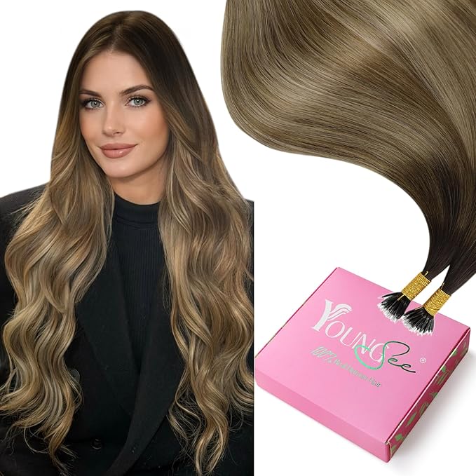 YoungSee Nano Loop Hair Extensions Brown Nano Ring Hair Extensions Balayage Dark Brown with Blonde Nano-Bead Hair Extension Human Hair Brown Nano Hair Extension Remy Hair Cold Fusion 50s 50g 14in