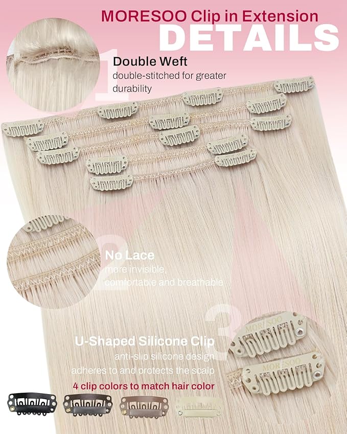 Moresoo White Blonde Clip in Hair Extensions Real Human Hair Blonde Clip ins Human Hair Extensions for Women Short Double Weft 80g/5pcs 14 inch