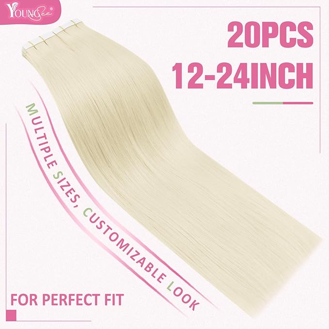 YoungSee Platinum Blonde Tape in Hair Extensions Real Human Hair 22In Platinum Blonde Tape in Hair Extensions 20pcs Invisible Tape-in Extension Long Tapes in Hair Extension Human Hair Straight 50g