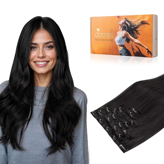 DOORES Hair Extensions Clip in Human Hair Natural Black Straight 22 Inch 7pcs 120g Clip in Human Hair Extensions Natural Straight Weft