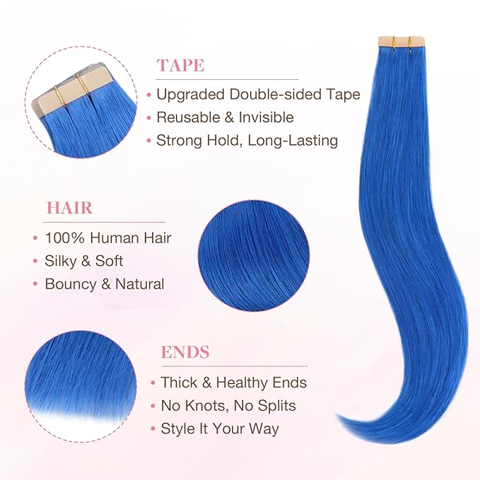 GOO GOO Tape in Hair Extensions Human Hair, Blue, 14inch 25g 10pcs, Colored Tape ins Human Hair Extensions, Silky&Soft Invisible Tape Ins, Hair Highlighted for Party