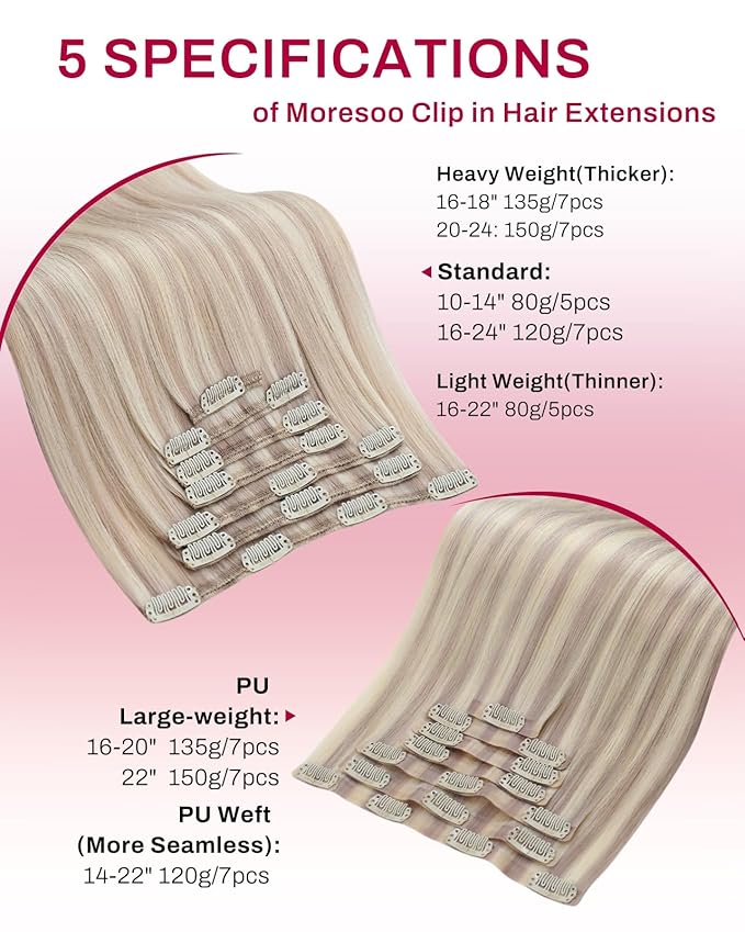 Moresoo Seamless Hair Extensions Clip ins Blonde Highlights Real Hair Extensions Clip in Human Hair Ash Blonde with Bleach Blond to Add Highlights Pure Weft Invisible for Thickness 150g/7pcs 22inch