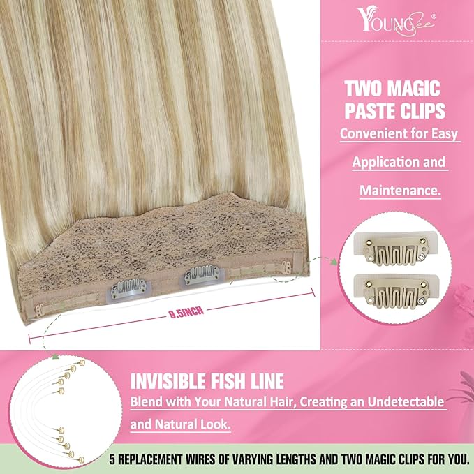 YoungSee Wire Hair Extensions Real Human Hair Balayage Wire Hair Extensions Ombre Medium Brown to Blonde Balayage with Brown Fish Line Human Hair Extension 20 Inch 100g
