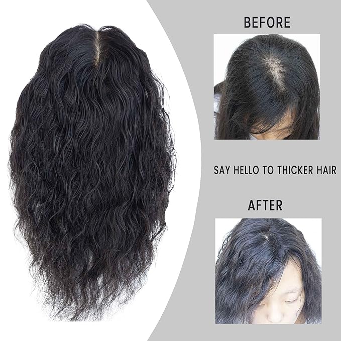 Curly Hair Toppers for Women, Real Human Hair Topper for Thinning Hair, Realistic Scalp Crown Hair Topper with Natural Volume, Clip-In 3D Scalp Cover, Natural Black 1B 10 In