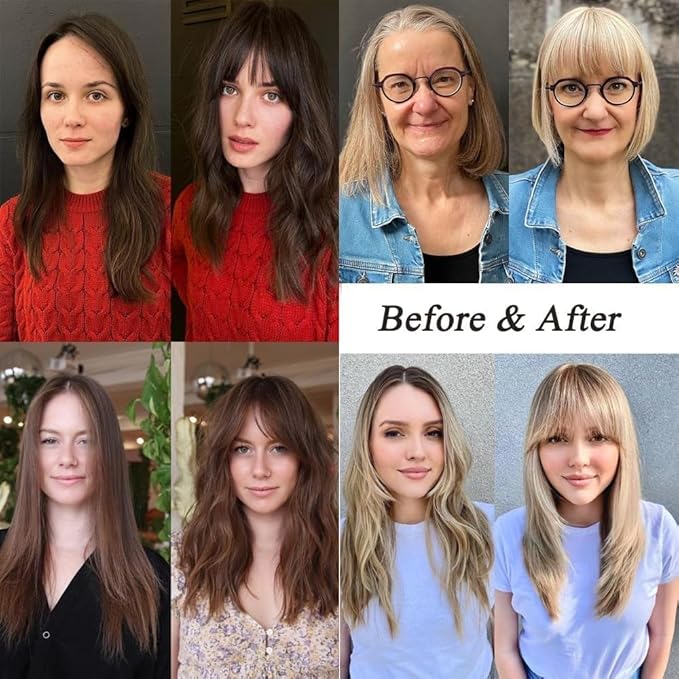 Clip in Bangs Natural Brown Black Color 100% Real Human Hair Wispy Clip on Bangs Extensions Fringe with Temples Hairpieces for Women