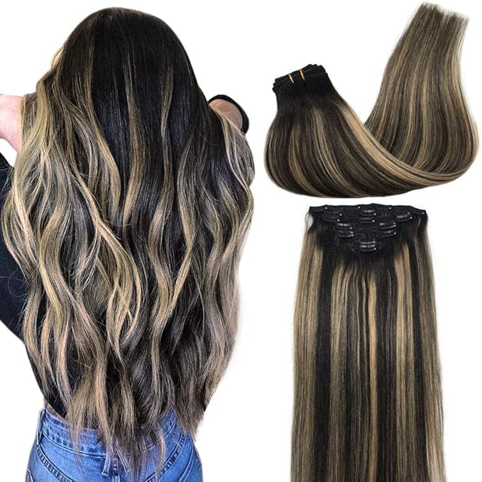 GOO GOO Clip in Hair Extensions Real Human Hair, Remy Human Hair Extensions Clip ins for Women, Natural Human Hair, 22 Inch 170g 7Pcs, 1B/16/1B Balayage Natural Black to Light Blonde