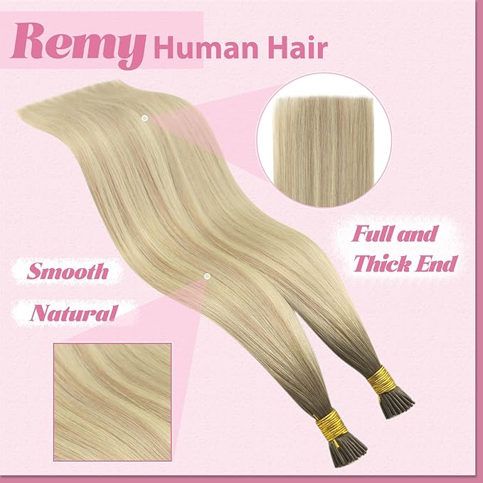 YoungSee I Tip Hair Extensions Human Hair Ombre I Tip Human Hair Extensions Blonde Balayage Platinum Blonde Itip Hair Extension 24 Inch 50g 50s Soft and Lightweight Hair for Long Hair