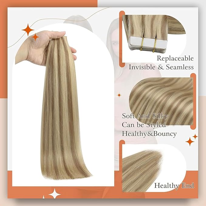 Full Shine Tape in Hair Extensions Human Hair 16Inch Blonde Human Hair Extensions Highlight Golden and Medium Blonde Invisible Tape in Extensions 50Gram 20Pcs Double Sided Seamless Skin Weft